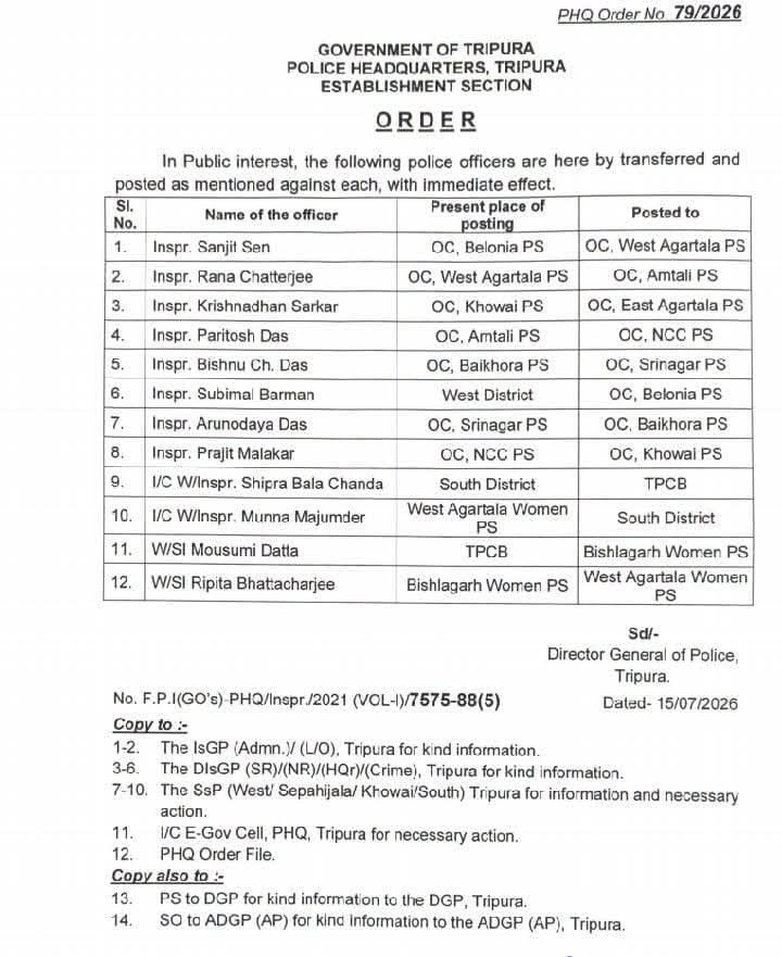 Tripura Police Transfers 12 Officers
