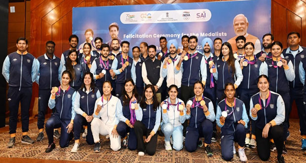 Union Sports Minister Anurag Singh Thakur felicitates 24 medalists of Asian Games from Shooting, Sailing, Tennis and Wushu in New Delhi