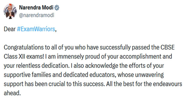 PM Modi Congratulates CBSE Class 12 Students on Results