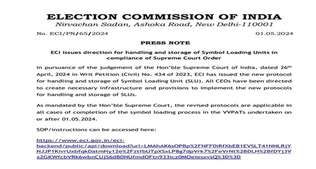 Election Commission Issues Directions for Secure Handling of Symbol Loading Units (SLUs)